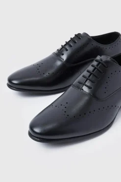 Online boohooMAN Perforated Detail Smart Derby Shoes black