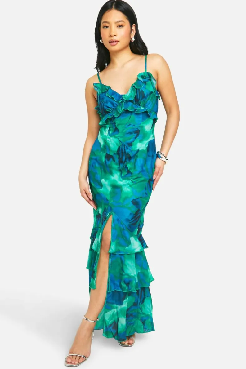 Hot boohoo Petite Abstract Floral Ruffle Maxi Dress green