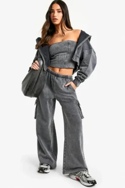 Shop boohoo Petite Acid Wash Corset Top Hooded 3 Piece Tracksuit acid wash black