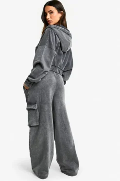 Shop boohoo Petite Acid Wash Corset Top Hooded 3 Piece Tracksuit acid wash black