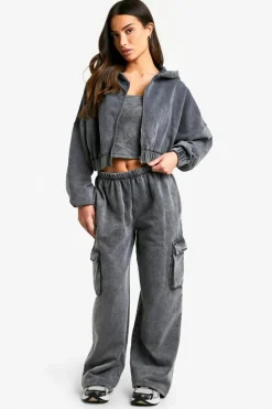 Shop boohoo Petite Acid Wash Corset Top Hooded 3 Piece Tracksuit acid wash black