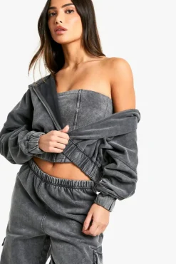 Shop boohoo Petite Acid Wash Corset Top Hooded 3 Piece Tracksuit acid wash black