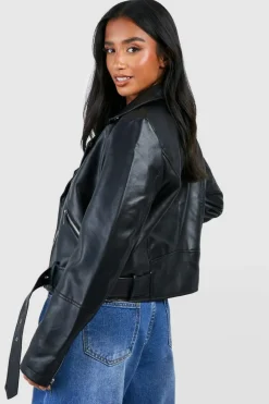 Cheap boohoo Petite Belted Biker Jacket black