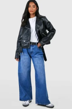 Cheap boohoo Petite Belted Biker Jacket black