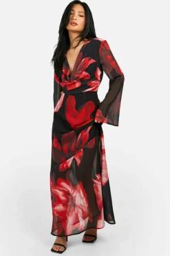 Discount boohoo Petite Bold Floral Cowl Detail Maxi Dress red
