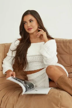 Cheap boohoo Petite Boucle Bardot Cropped Jumper & Skirt Set ivory