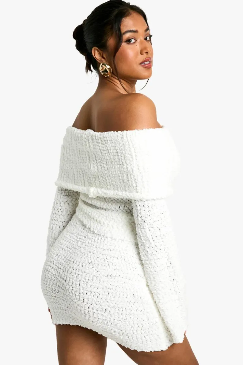 Cheap boohoo Petite Boucle Bardot Cropped Jumper & Skirt Set ivory