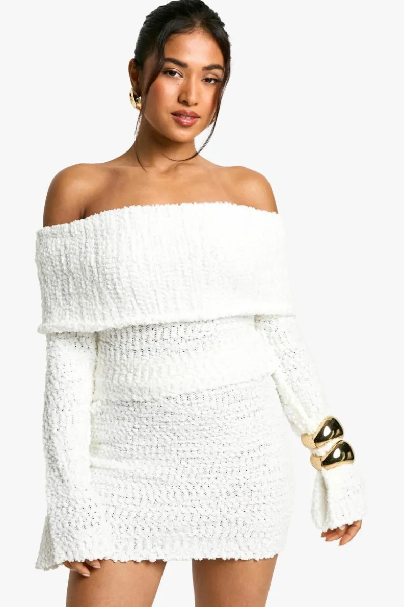 Cheap boohoo Petite Boucle Bardot Cropped Jumper & Skirt Set ivory