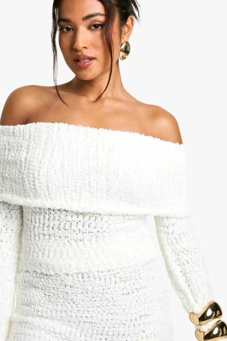 Cheap boohoo Petite Boucle Bardot Cropped Jumper & Skirt Set ivory