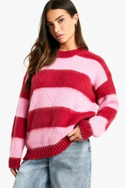 Best boohoo Petite Brushed Striped Oversized Knitted Jumper burgundy