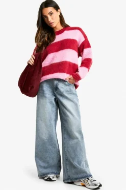 Best boohoo Petite Brushed Striped Oversized Knitted Jumper burgundy