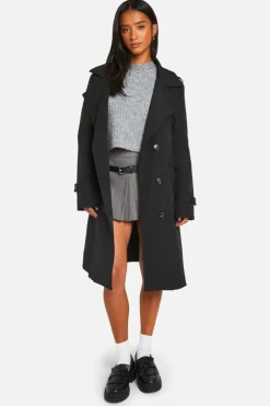 Clearance boohoo Petite Button Detail Belted Trench Coat black