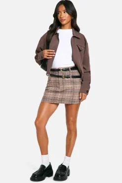 Sale boohoo Petite Check Wool Look Longline Coat & Micro Mini Skirt Set stone