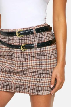 Sale boohoo Petite Check Wool Look Longline Coat & Micro Mini Skirt Set stone