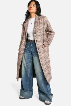 Hot boohoo Petite Check Wool Look Longline Coat stone