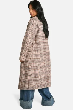 Hot boohoo Petite Check Wool Look Longline Coat stone