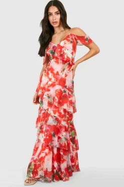 Sale boohoo Petite Chiffon Tiered Ruffle Floral Maxi Dress pink