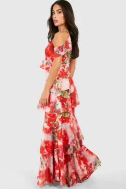 Sale boohoo Petite Chiffon Tiered Ruffle Floral Maxi Dress pink