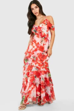 Sale boohoo Petite Chiffon Tiered Ruffle Floral Maxi Dress pink
