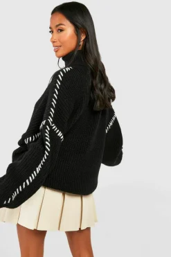 Fashion boohoo Petite Contrast Stitch Detail Jumper black