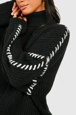 Fashion boohoo Petite Contrast Stitch Detail Jumper black