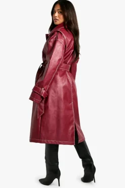 Best boohoo Petite Contrast Stitch Trench Coat red