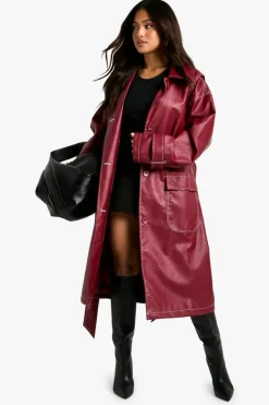 Best boohoo Petite Contrast Stitch Trench Coat red