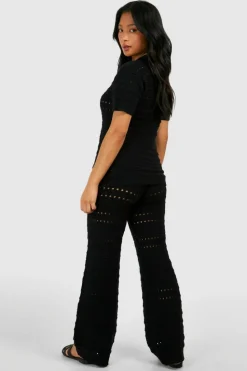 Hot boohoo Petite Crochet Knitted Shirt And Wide Leg Trouser Co-ord black