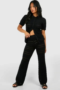 Hot boohoo Petite Crochet Knitted Shirt And Wide Leg Trouser Co-ord black