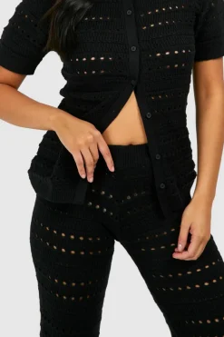 Hot boohoo Petite Crochet Knitted Shirt And Wide Leg Trouser Co-ord black