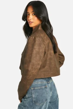 Flash Sale boohoo Petite Cropped Pocket Detail Faux Leather Biker Jacket brown