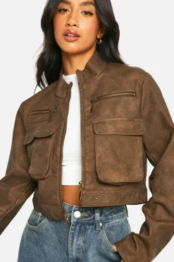 Flash Sale boohoo Petite Cropped Pocket Detail Faux Leather Biker Jacket brown