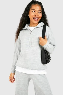 Shop boohoo Petite Dsgn Embossed Knitted Half Zip Jumper grey