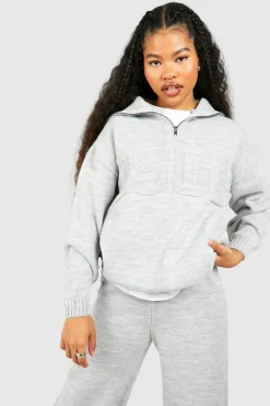 Shop boohoo Petite Dsgn Embossed Knitted Half Zip Jumper grey