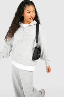 Shop boohoo Petite Dsgn Embossed Knitted Half Zip Jumper grey