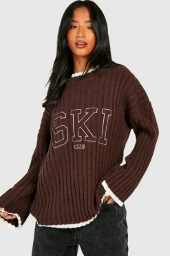 Fashion boohoo Petite Embroidered Rib Knit Jumper chocolate