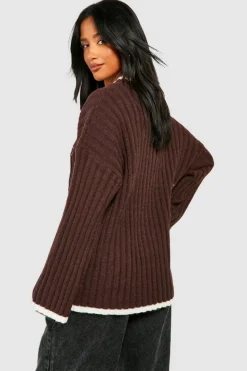 Fashion boohoo Petite Embroidered Rib Knit Jumper chocolate