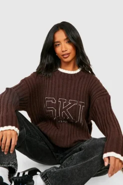 Fashion boohoo Petite Embroidered Rib Knit Jumper chocolate