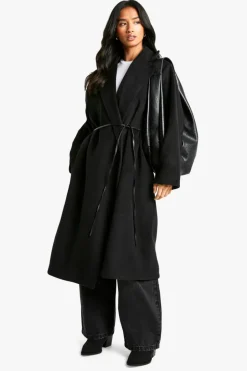 Store boohoo Petite Faux Leather Belt Wool Look Coat black