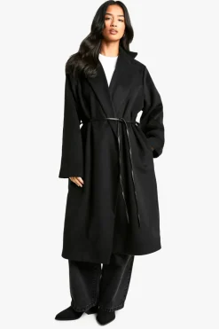 Store boohoo Petite Faux Leather Belt Wool Look Coat black