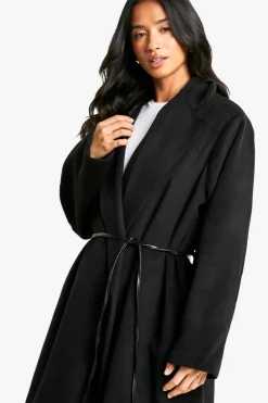 Store boohoo Petite Faux Leather Belt Wool Look Coat black