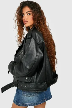 Best Sale boohoo Petite Faux Leather Oversized Biker Jacket black
