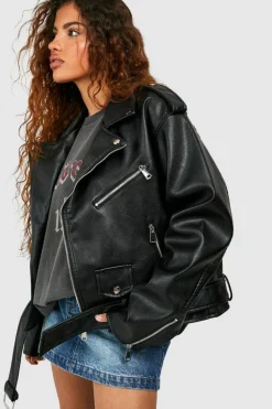 Best Sale boohoo Petite Faux Leather Oversized Biker Jacket black
