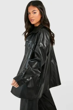 Cheap boohoo Petite Faux Leather Oversized Shacket black