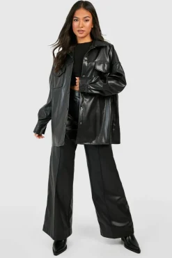 Cheap boohoo Petite Faux Leather Oversized Shacket black
