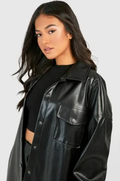 Cheap boohoo Petite Faux Leather Oversized Shacket black