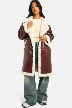 Cheap boohoo Petite Faux Leather Teddy Trim Longline Aviator Jacket brown