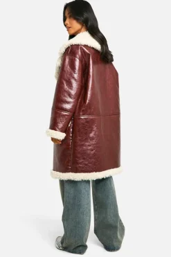 Cheap boohoo Petite Faux Leather Teddy Trim Longline Aviator Jacket brown