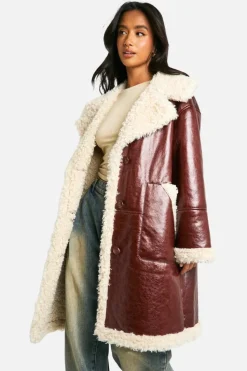 Cheap boohoo Petite Faux Leather Teddy Trim Longline Aviator Jacket brown