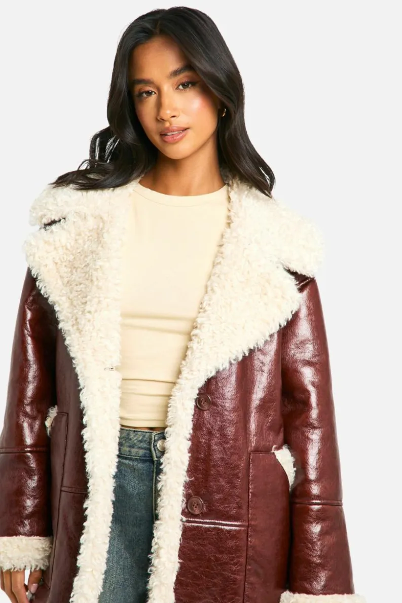 Cheap boohoo Petite Faux Leather Teddy Trim Longline Aviator Jacket brown
